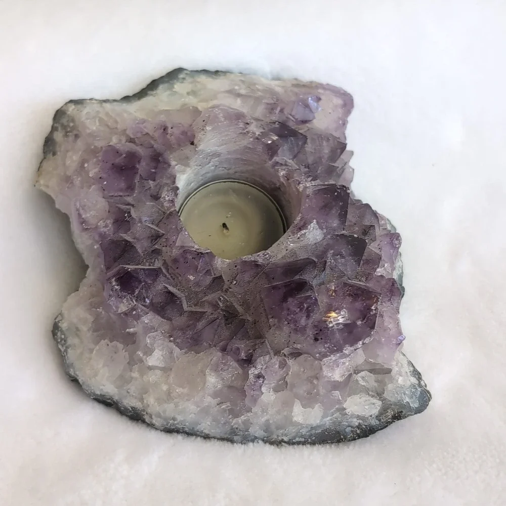 Amethyst Crystal Candle Holder Purple Raw Geode Cluster - Picture 11 of 16